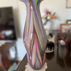 18” Mid-century Vintage Mutli-colored Striped Studio Art Glass Vase