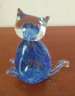 UNIQUE ART GLASS CAT CLEAR & BLUE 4.5" TALL FIGURAL STATUE HEAVY PAPERWIGHT HOME DECOR 