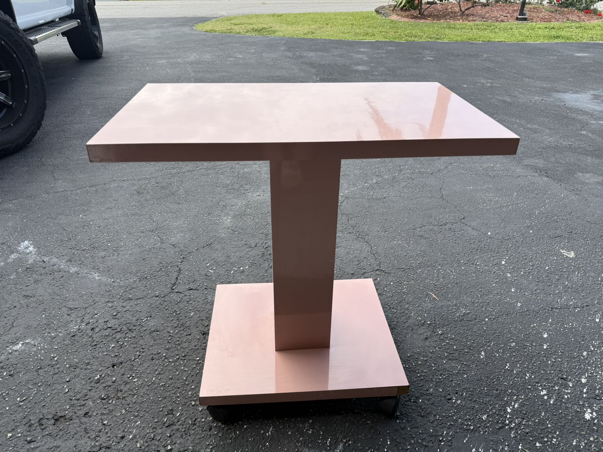 Postmodern Pink Lacquer Laminate Rolling Side Table