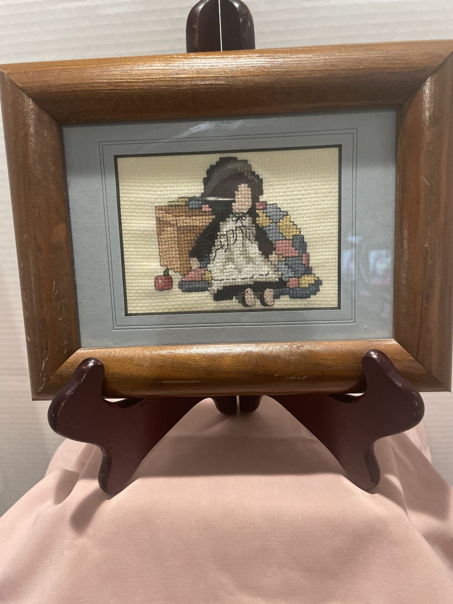 Vintage Amish Little Girl Cross Stitch Framed