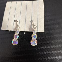Iridescent Aurora Borealis Rhinestone Drop Earrings – 3-Stone Cluster Dangle, Silver Tone