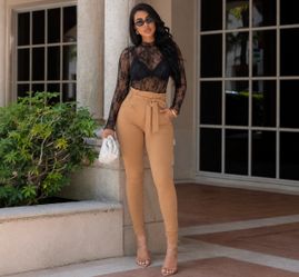 Tan High-Waist Skinny Pants with Tie Belt