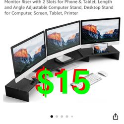 Triple Monitor Stand, 52 Inch Long Large Monitor Riser with 2 Slots for Phone & Tablet, Length and Angle Adjustable Computer Stand, Desktop Stand for 