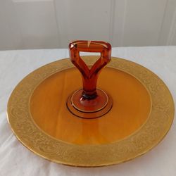 Vintage Center Handle Amber Glass And Gold Encrusted Details Sandwich/tidbit Tray Created In 1920's/1930's By Cambridge Glass.