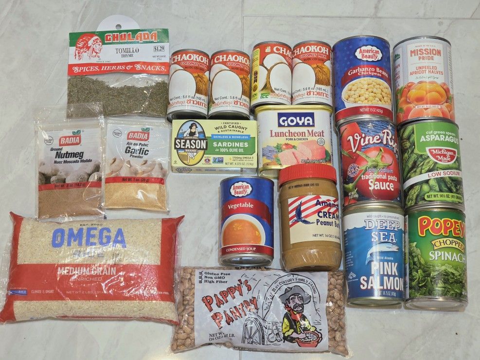 canned foods, beans and rice, peanut butter