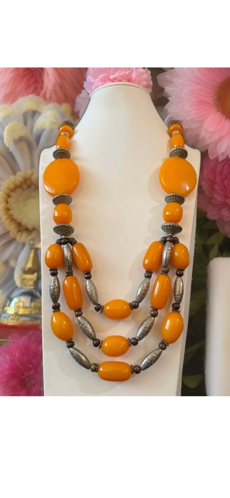 Stunning & Vintage 3 Strand Ethnic Tibetan Amber Resin & Silver beads Necklace 25”inch Long🔥