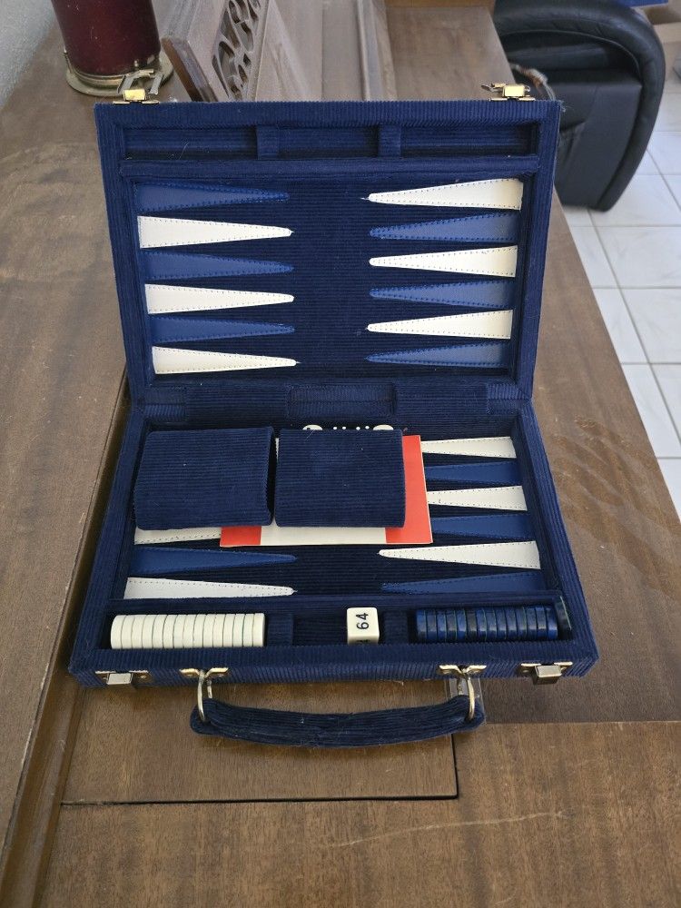Vintage Blue and White Corduroy Backgammon Set Travel Briefcase