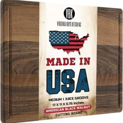 Made in USA Black Walnut Wood Cutting Board by Virginia Boys Kitchens - Butcher Block Wooden Carving Board with Juice Well made from Sustainable Hardw