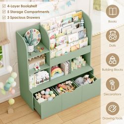 42.5''W Kid's Bookcase, Bookshelf with 5 Storage Cubbies & 3 Movable Drawers & Toy Display Shelf, Toy Storage Organizer for Bedroom Playroom, Green