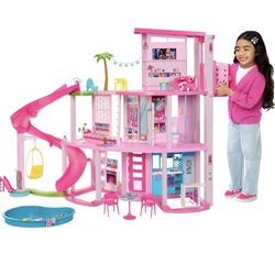 Barbie Dreamhouse, Pool Party Doll House with 75+ Pieces and 3-Story Slide, House Playset, Pet Elevator and Puppy Play Areas