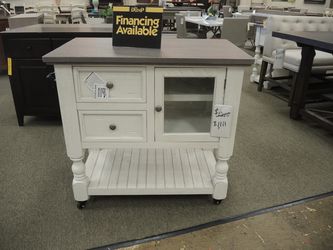Rolling Kitchen Island Cart - Antique White Base With Gray-Brown Plank Top | Prep Table