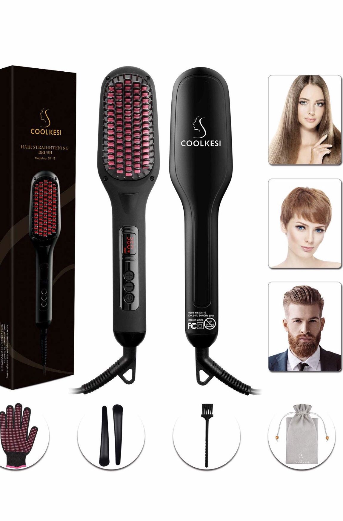 Ionic Hair Straightener Brush by COOLKESI, 30s Fast MCH Ceramic Heating Hair Straightening Brush with Anti Scald Feature, Auto-Off & Dual Voltage, Po