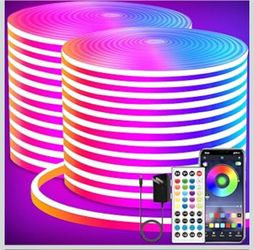 segrass Tira de luces LED de neón de 132 pies, tira de luz LED RGB de neón de 24V CC, control remoto por aplicación, impermeable, flexible, luces de n