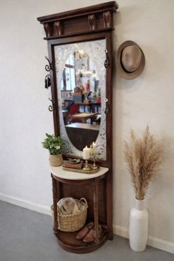 Vintage Entryway Hall Tree w/ Mirror & Hooks – Solid Wood (Beautiful Statement Piece)
