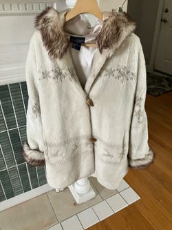 Ivory Hermann Geist for fur three-quarter lengths jacket with toggle acrylic buttons, cut size small but would fit, medium, satin lining with fuller h