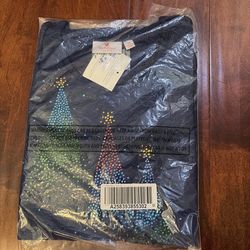 Quacker Factory Rhinestone Christmas Tree Shirt 3X Blue Holiday Top NWT