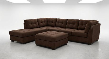 Like New / Barely Used 2-Piece Cloth Sectional with Cupholders & Matching Ottoman (Chocolate Brown)