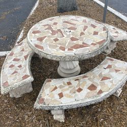 Concrete Mosaic Table With Three Benches 