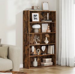31.5 Inches Wide, 5-Tier Open Bookcases with Adjustable Storage Shelves, Floor Standing Units, Rustic Brown ULBC175X01