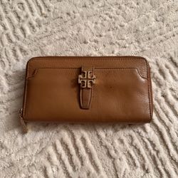 Tory Burch Brown Leather Zip Around Wallet Logo Continental