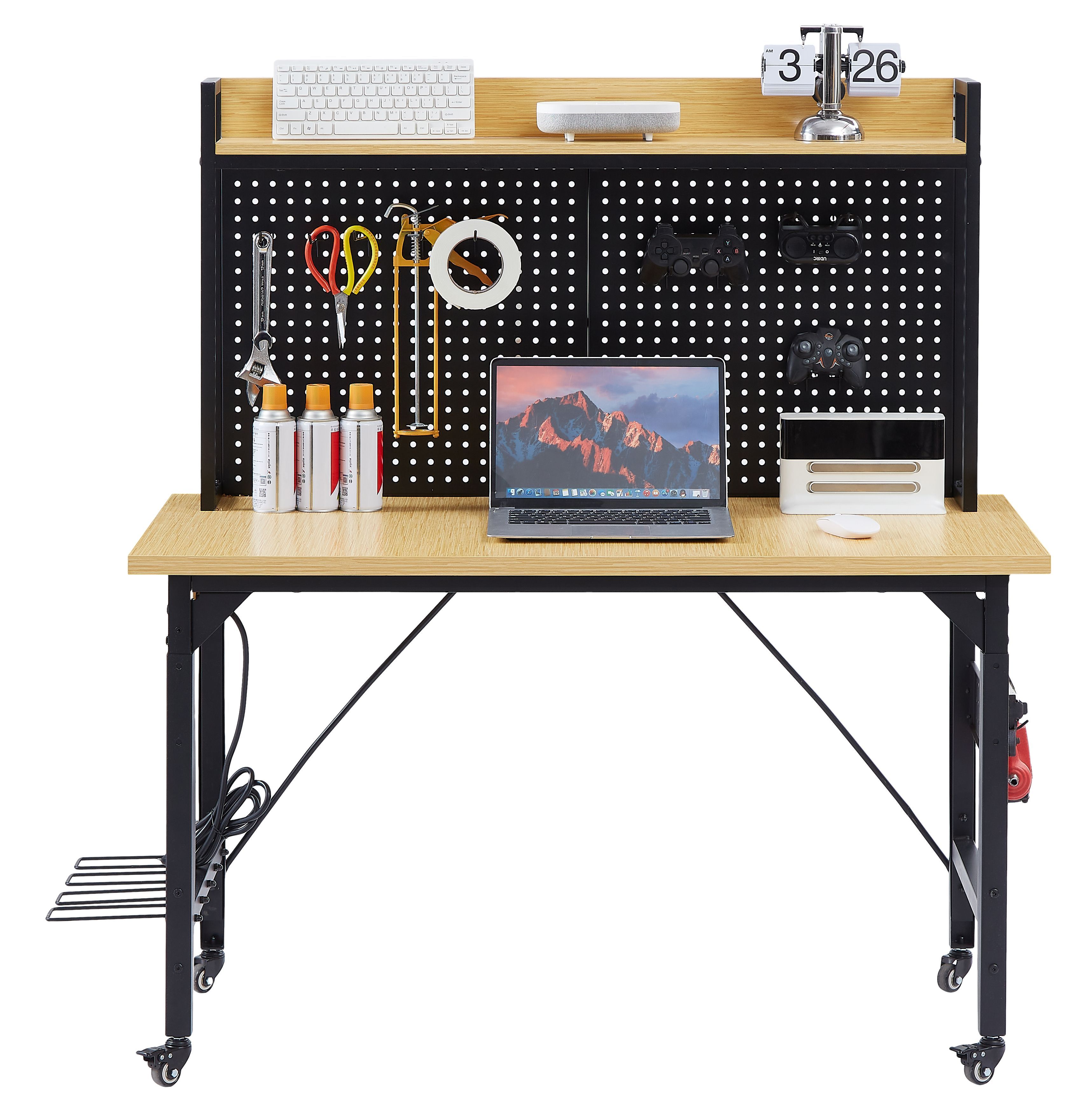 48''Adjustable Workbench with pegboard, Heavy Duty Wooden Desktop Workbench with Wheels, 1600 lb. Load Capacity, Rolling Workbench with AC/USB Outlet,