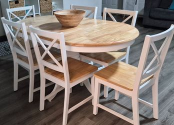 Wood dining table with butterfly leaf, 6 chairs.