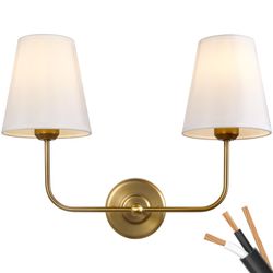 BRAND NEW - PASSICA DECOR Hardwired 2 Light Modern Armed Wall Sconce with 2pcs Antique Brass Flared White Fabric Shade Double Gold Sconce for Bathroom