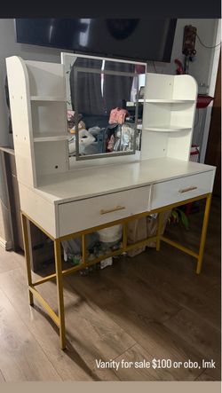 White and Gold Vanity Desk with Mirror