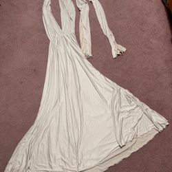 New large tan halter long stretchy Flowy dress beige cream