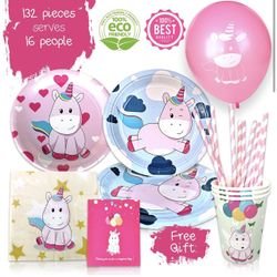 Unicorn Birthday Party Supplies – 132-Piece Decorations Set for Kids – Disposable Table Wear, Napkins, Plates, Cups, Straws – Includes Party Invitatio