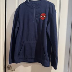 Marvel Men's Dark Blue Zip-Up Fleece Pullover with Spider Man Patch Size M