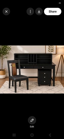 Black Home Office Desk w/ Hutch, Rolling File Cabinet & Chair