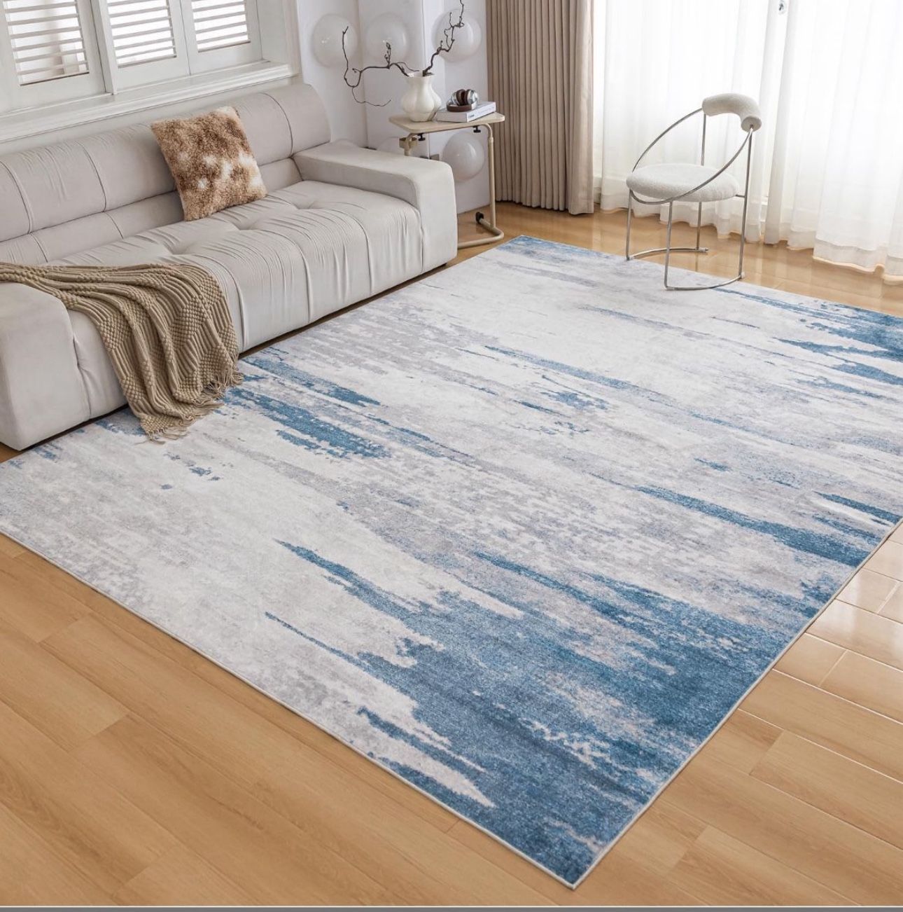 8x10 Washable Area Rug, Low Pile Navy Blue Modern Abstract Design