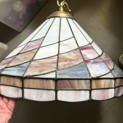 1970 vintage hanging ceiling lamp tiffany style stained glass multi color