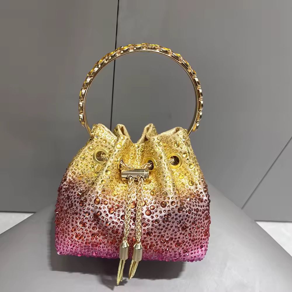 Ombre Rhinestone Bucket Clutch – Top Handle Crystal Designer Evening Purse