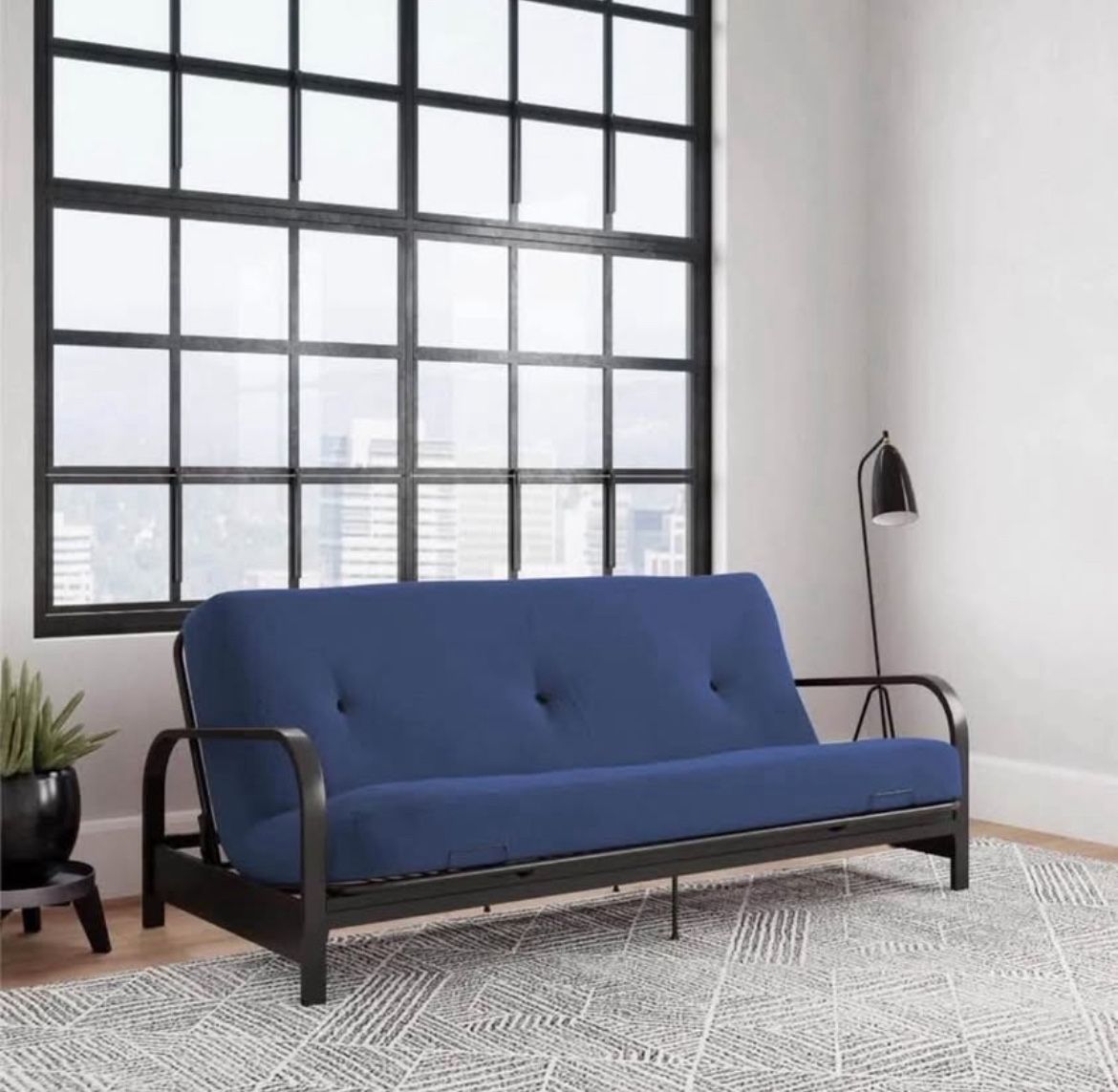 Black Metal Arm Full Size Futon Frame with 6” Blue Mattress