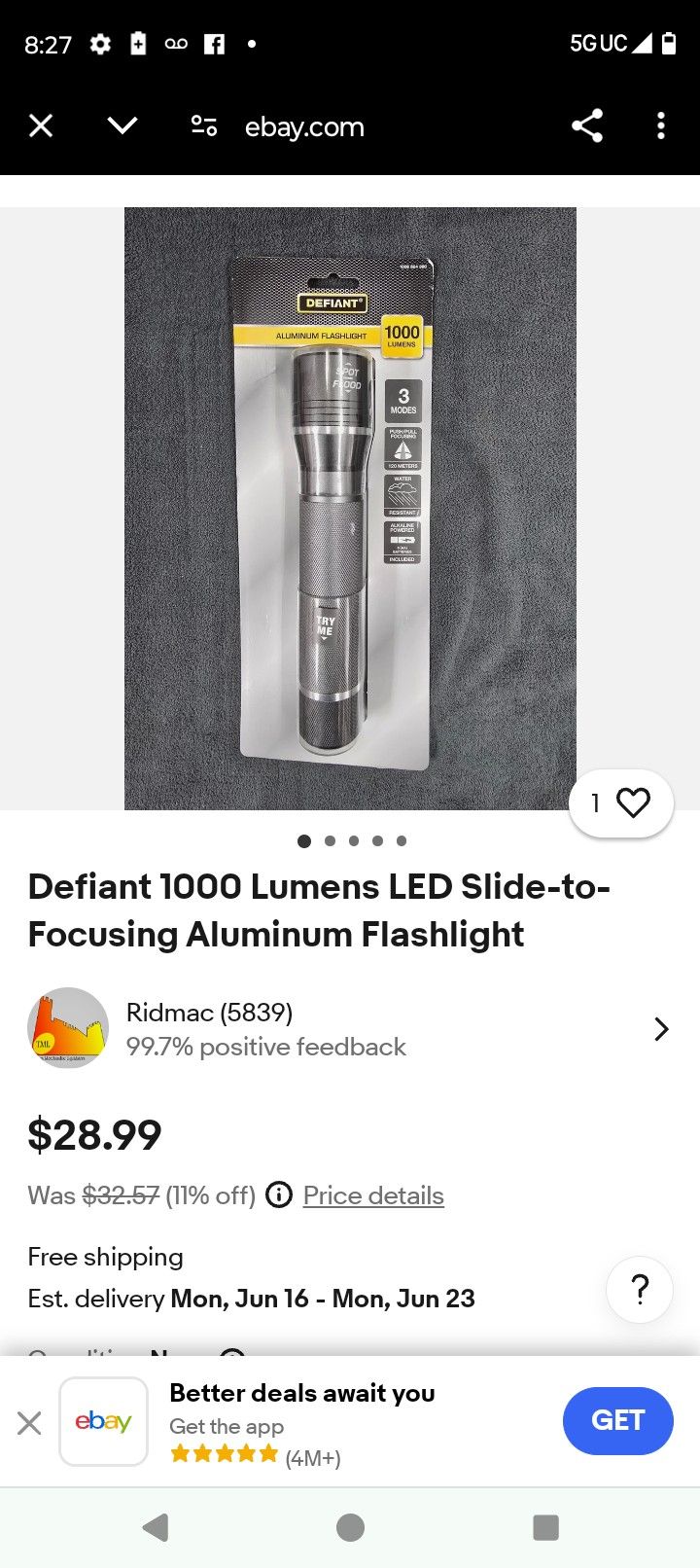 Defiant Aluminum Flashlight 1000 Lumens