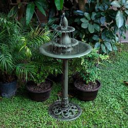 Outdoor Floor 3-Tiered Pedestal Soothing Cascading Waterfall Fountain with Birdbath, 40", Green
