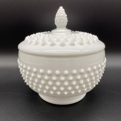 Vintage Hobnail Pedestal Milk Glass Lidded Dish