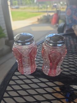 Pink Cut Glass Salt and Pepper Shakers