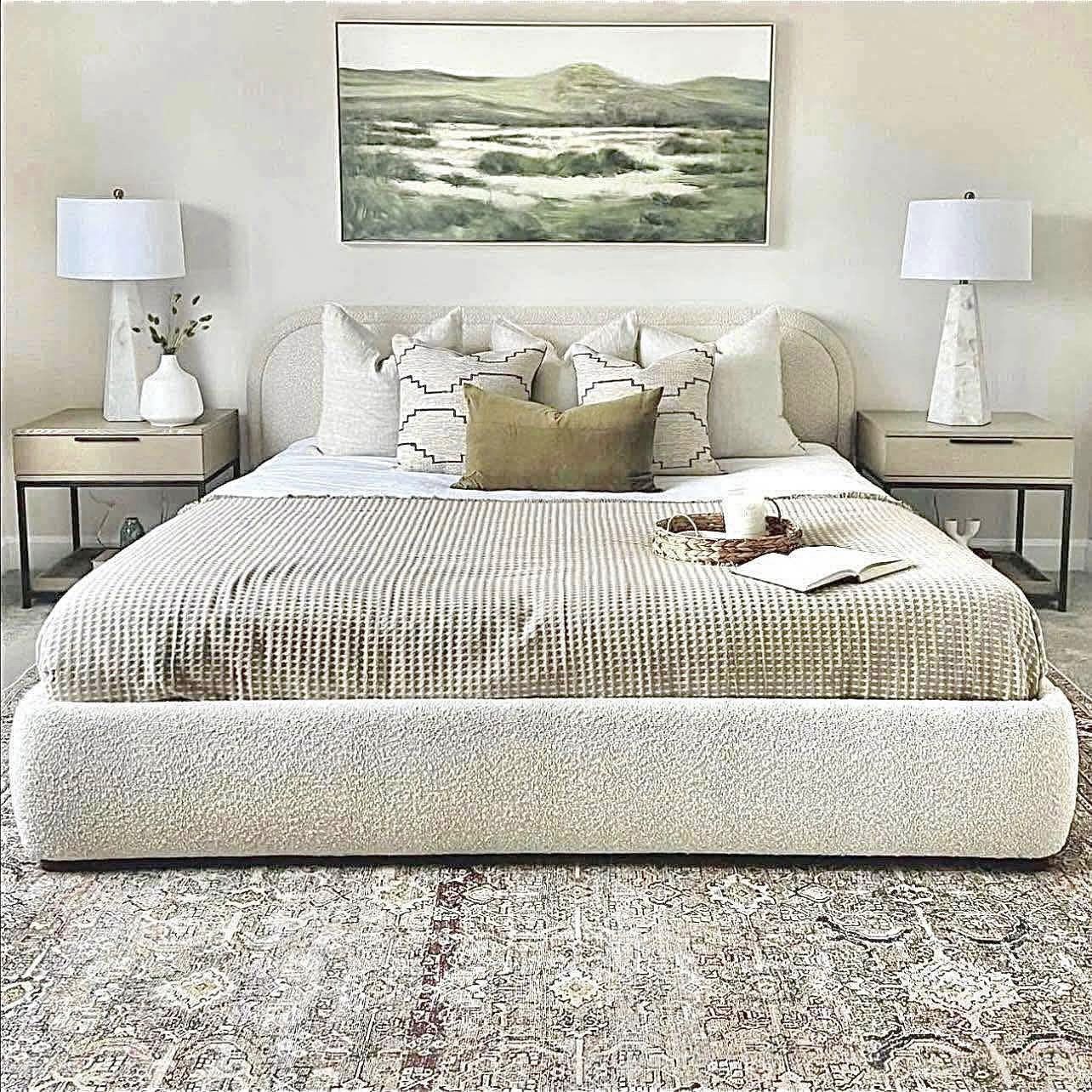 Free Delivery NEW IN-BOX Creamy Ivory Bouclé Performance Fabric King Size Bed Frame (Retail $3,000)