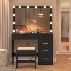 Vanity Desk with Mirror and Lights, Vanity with Power Outlet, Makeup Vanity with Large Mirror & 5 Drawers, Dressing Table with Stool for Bedroom, Bath