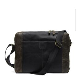 Boconi Garth Urban Leather Messenger Bag Black Brown 10" H x 13.75" W x 2.5" D