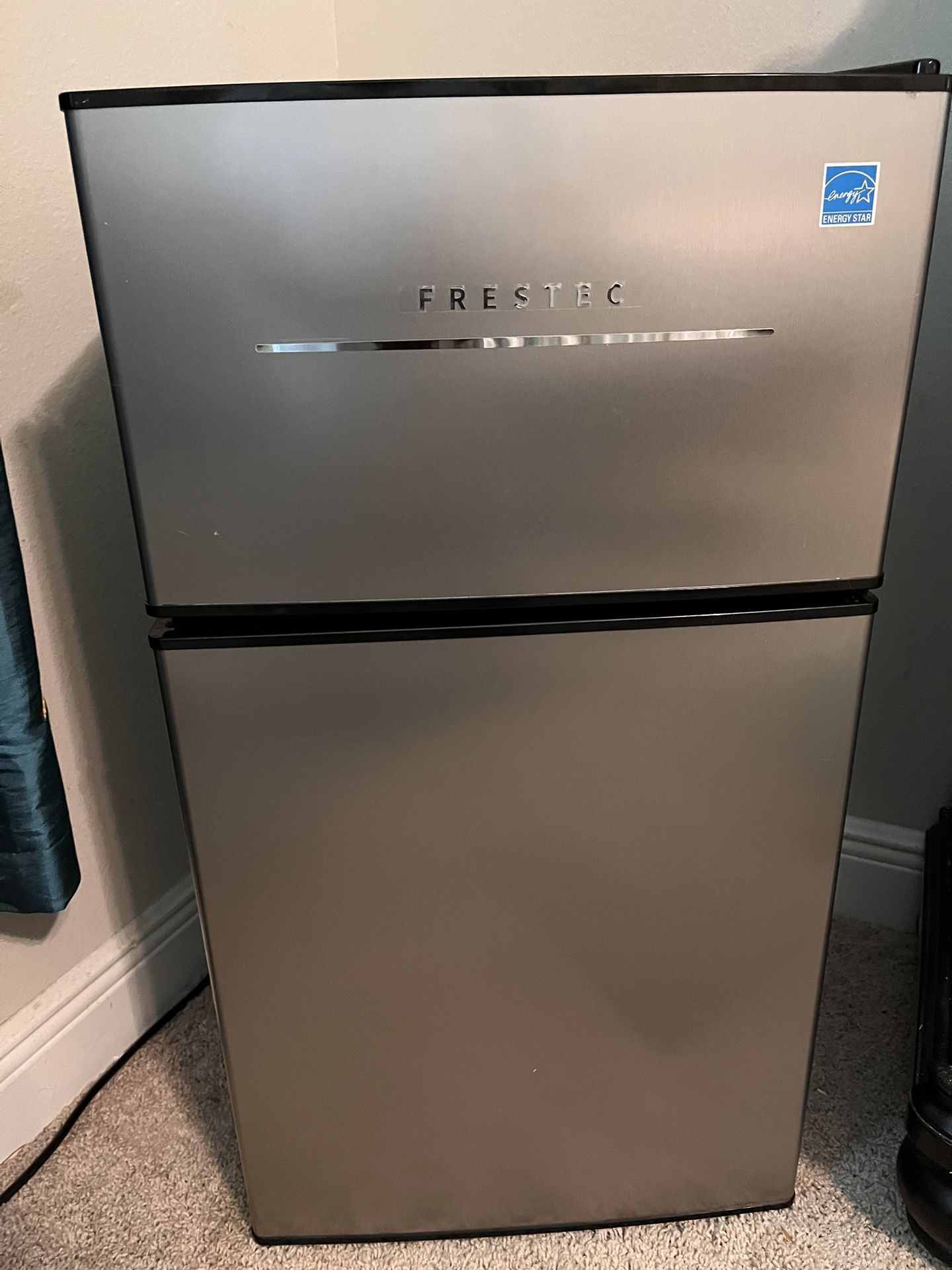 Frestec 3.2 Cu ft Two Door Mini Fridge with Freezer, Stainless Steel, E-Star