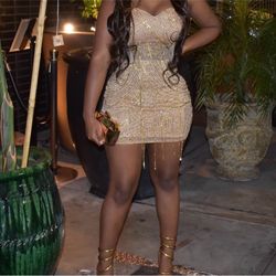 Sexy gold bodycon dress, mesh torso