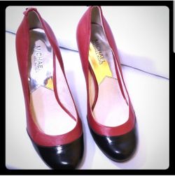 Michael Kors Red/Black Leather High Heels Size 7. 3.5" heel Flaws slight wear on heel shown in last photo Red leather with black accents