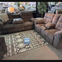 Slate Acieona Reclining Sofa & Loveseat With Drop Down Table, Cup Holders, Storage Console, 