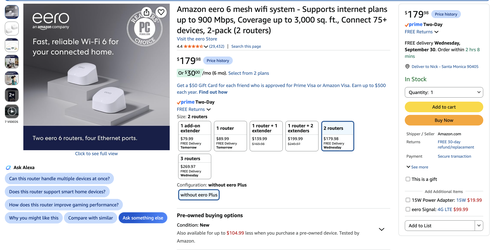 Amazon eero 6 mesh wifi system 2-pack (2 routers)