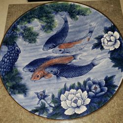 14" Vintage Japanese Koi, Flower & Pine Plate Platter

