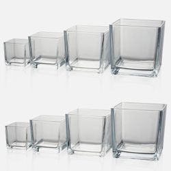 Set of 8 Square Clear Glass Vases for Centerpieces in four sizes - 2.36", 3.15", 4" & 5"